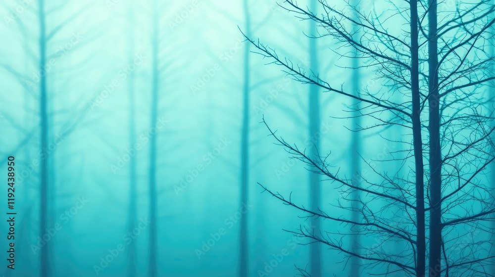 Poster Blurred abstract background idea. Misty forest with ghostly trees in serene blue tones, creating a tranquil atmosphere.