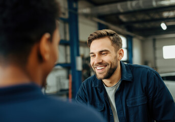 Obraz premium Mechanic Smiles and Speaks to Customer in Auto Repair Shop