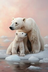 Fototapeta premium Polar bears embrace tenderly on an icy landscape during a serene pastel sunset over the Arctic ocean. Generative AI