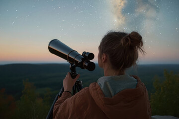 Observing the starry sky through a telescope in a serene landscape at dusk