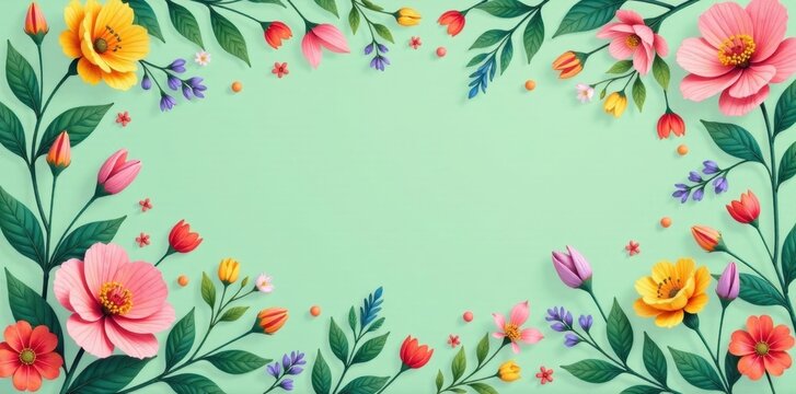 A vibrant springtime floral arrangement, featuring a delightful assortment of blossoms and leaves, creates a charming and cheerful frame, perfect for celebratory announcements or greeting cards.