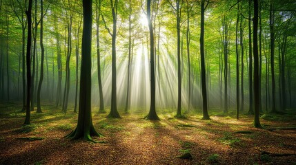 Obraz premium Dense forest shrouded in thick fog with rays of sunlight breaking through the canopy.