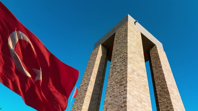 Waving Turkish Flag and Canakkale Martyrs' Memorial aka Canakkale Sehitleri Aniti. March 18 or 18 mart concept video.