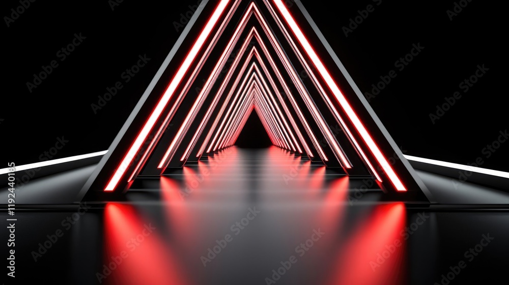 Poster triangle abstract background concept. futuristic tunnel with glowing red neon lights and sleek refle