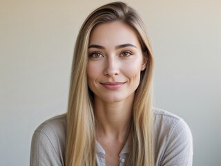 headshot of a beautiful young blonde woman with straight long hair, smiling, clean background