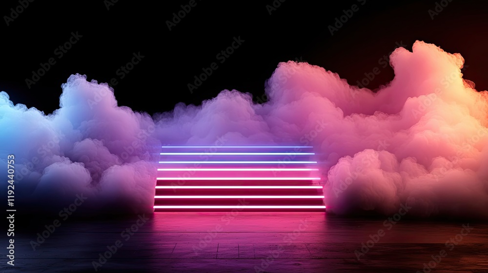 Poster Blurred abstract background idea. Vibrant neon lines cutting through colorful clouds against a dark background.