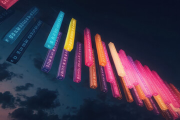 Vibrant data bars illuminating the night sky with colorful digital numbers hanging in mid-air