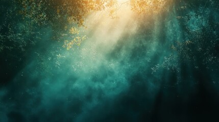 Fototapeta premium Ethereal Forest Canopy with Sunlight Streaming Through Mist, Dark Moody Green Ambiance.