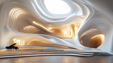 A realistic 3D scene of a futuristic organic concert hall with a wave-like roof, innovative use of materials, and an acoustically optimized interior.