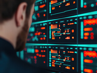 professional analyzing futuristic data on multiple high tech digital screens