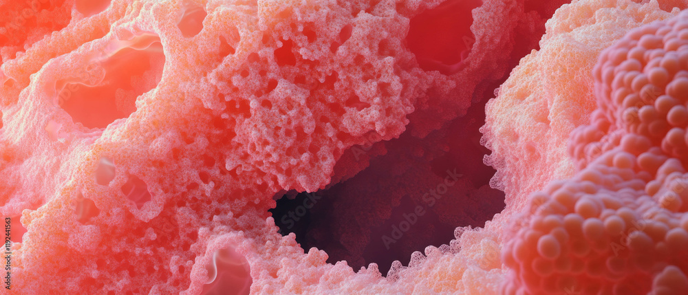 Poster exploration of microscopic textures revealing intricate patterns in vibrant hues