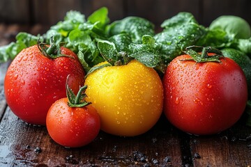 Fresh tomatoes and herbs on rustic wood