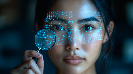Digital Gaze: A young woman gazes intently through a magnifying glass, revealing a world of binary code and digital data projected onto her face.