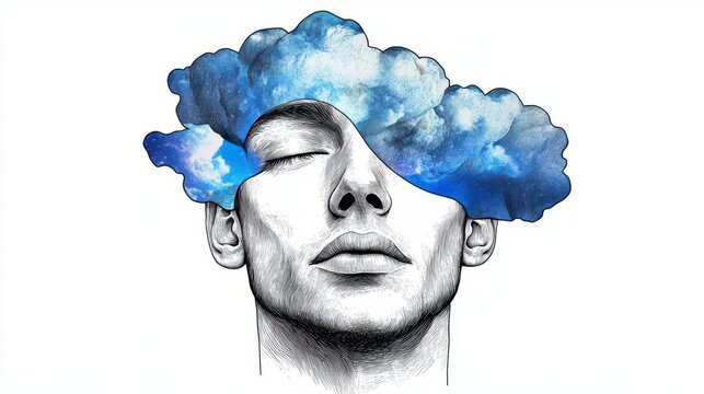 Abstract Portrait with Cloudy Thoughts and Dreamy Blue Sky