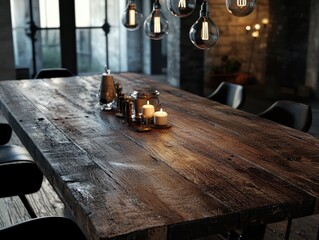 Moody Interior Close-Up of Rustic Wooden Dining Table with Candles and Edison Bulbs.