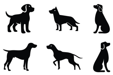 Dog silhouette vector icon set. Dog in various poses, activities like jumping, sitting, happy playful running, playing, standing. Animals and home pets, puppy vector icon, simple vector illustration.