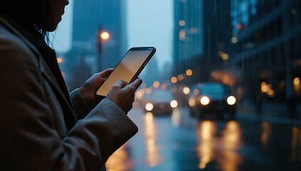 Woman Using Smartphone in the Rain