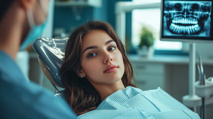 female patient is currently at an appointment for a dental examination with a dentist