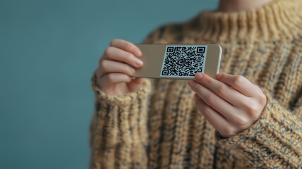 Scanning a QR Code: Close-up of a person's hands holding a smartphone, carefully scanning a QR code displayed on a surface. The image emphasizes digital technology and convenience.