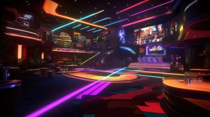Neon nightclub interior, futuristic design, vibrant lights, people socializing, entertainment venue