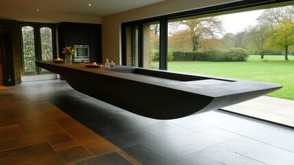Gray kitchen with a floating bar counter, stylish decor, and panoramic windows opening to a balcony.