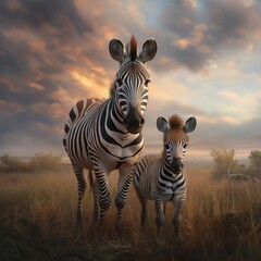 Obraz premium Two zebras stand gracefully in golden grass against a dramatic sunset sky near a tranquil waterhole in the Serengeti landscape. Generative AI