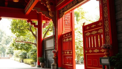 Grand entrance with ornate red doors and lush greenery