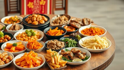 Obraz premium Delicious variety of Asian dishes on wooden table