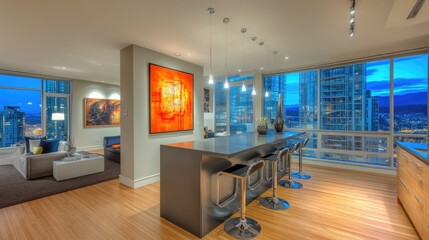 Gray kitchen with a floating bar counter, stylish lighting, and panoramic windows for a bright look.
