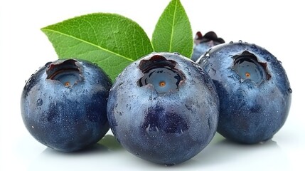 Obraz premium Three juicy blueberries with fresh green leaves, isolated on white background.