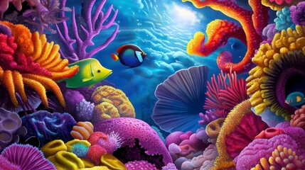 Obraz premium Vibrant Underwater Coral Reef Scene with Colorful Marine Life