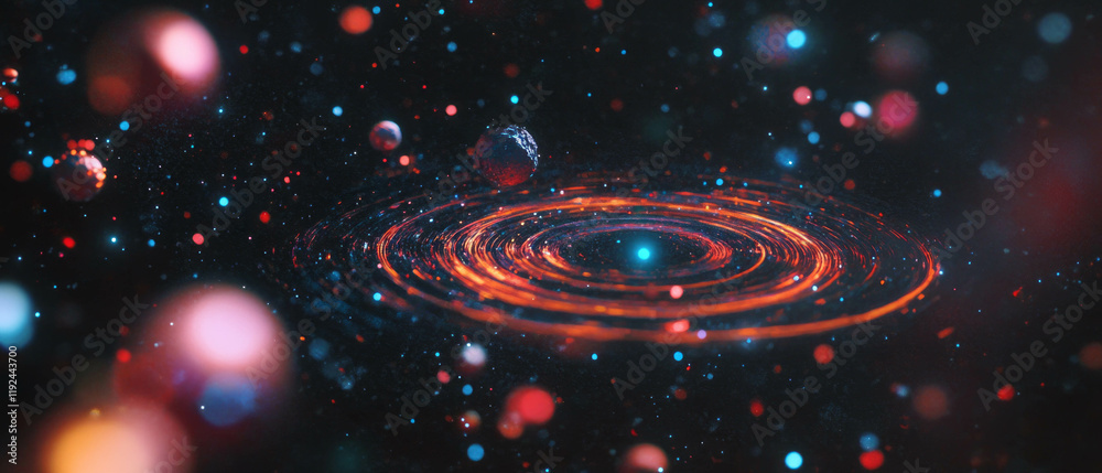 Poster dynamic cosmic particles in vibrant orbit and rotation depicting a celestial dance