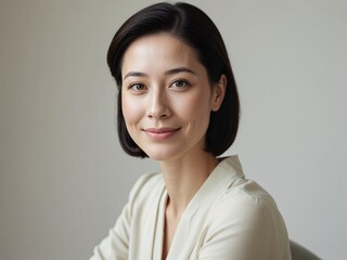 young asian woman smiling, portrait, with short hair