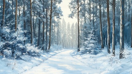 Obraz premium Serene Winter Forest Path An Oil Painting of a Snow-Covered Road Through Tall Pine Trees.