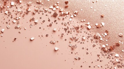 Rose Gold Glitter and Crumbs on a Blush Pink Background, Cosmetic Powder Texture.