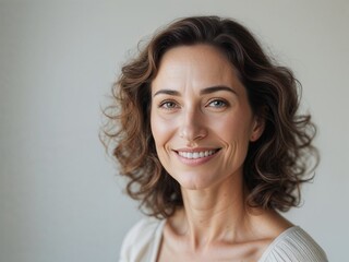 middle age western woman with curly hair, smiling, portrait