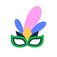 Purim carnival face mask, festive glasses with feathers decoration. Holiday party accessory for funny Jewish masquerade, festival celebration. Flat vector illustration isolated on white background