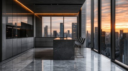 High-end kitchen in gray tones featuring a glossy bar counter and panoramic windows framing the skyline.