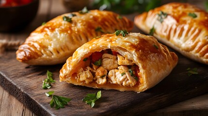 Delicious Chicken and Vegetable Empanadas on Wooden Board