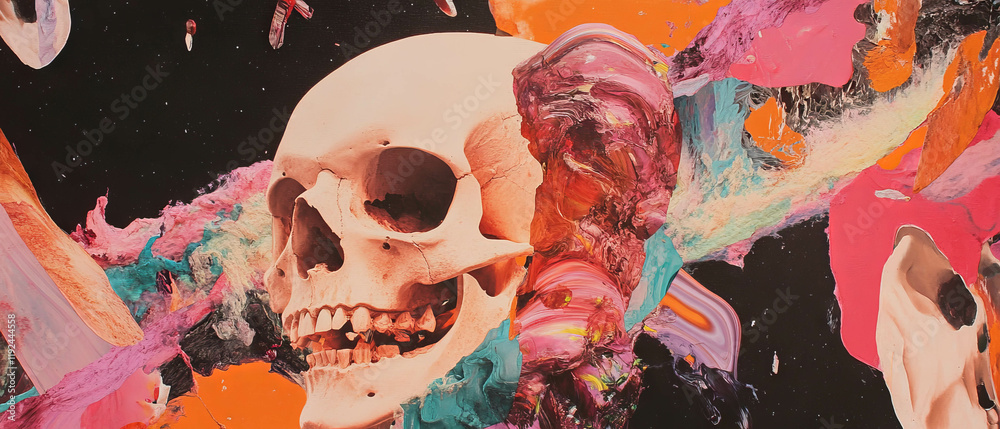 Poster exploring the abstract interplay of time, memory, and skeletal forms in vibrant colors