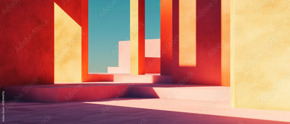 Poster exploring dynamic geometric shapes and shadows in minimalist industrial design