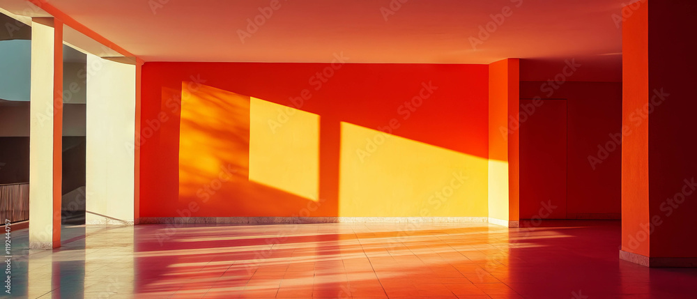 Poster exploration of light and shadow in a modern architectural space with vibrant colors