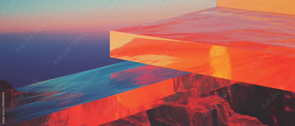 Poster Overlapping abstract shapes create a dimensional design with vibrant colors and textures