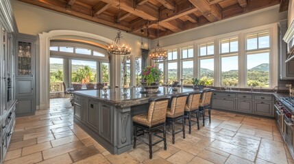 Fototapeta premium Luxurious gray kitchen with a custom-designed bar counter and panoramic windows for natural light.