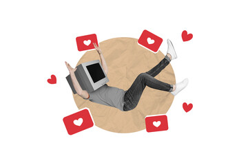 Creative photo collage illustration of funny headless guy monitor instead of head falling in likes...