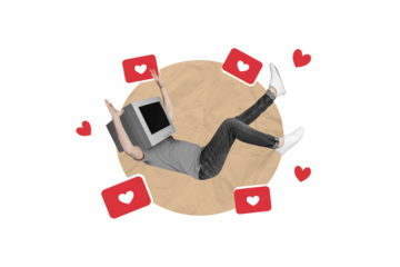 Creative photo collage illustration of funny headless guy monitor instead of head falling in likes isolated on pastel color background