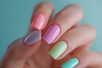 Woman showing her beautiful pastel colored nails on a turquoise background