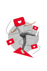 Vertical photo minimal collage of social media addicted blogging star need fame popularity like notification head isolated on yellow background