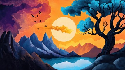 Vibrant Sunset Over Mountains and Lake with Silhouetted Trees