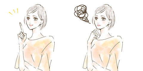 困った表情の女性と明るい表情の女性のイラストセット